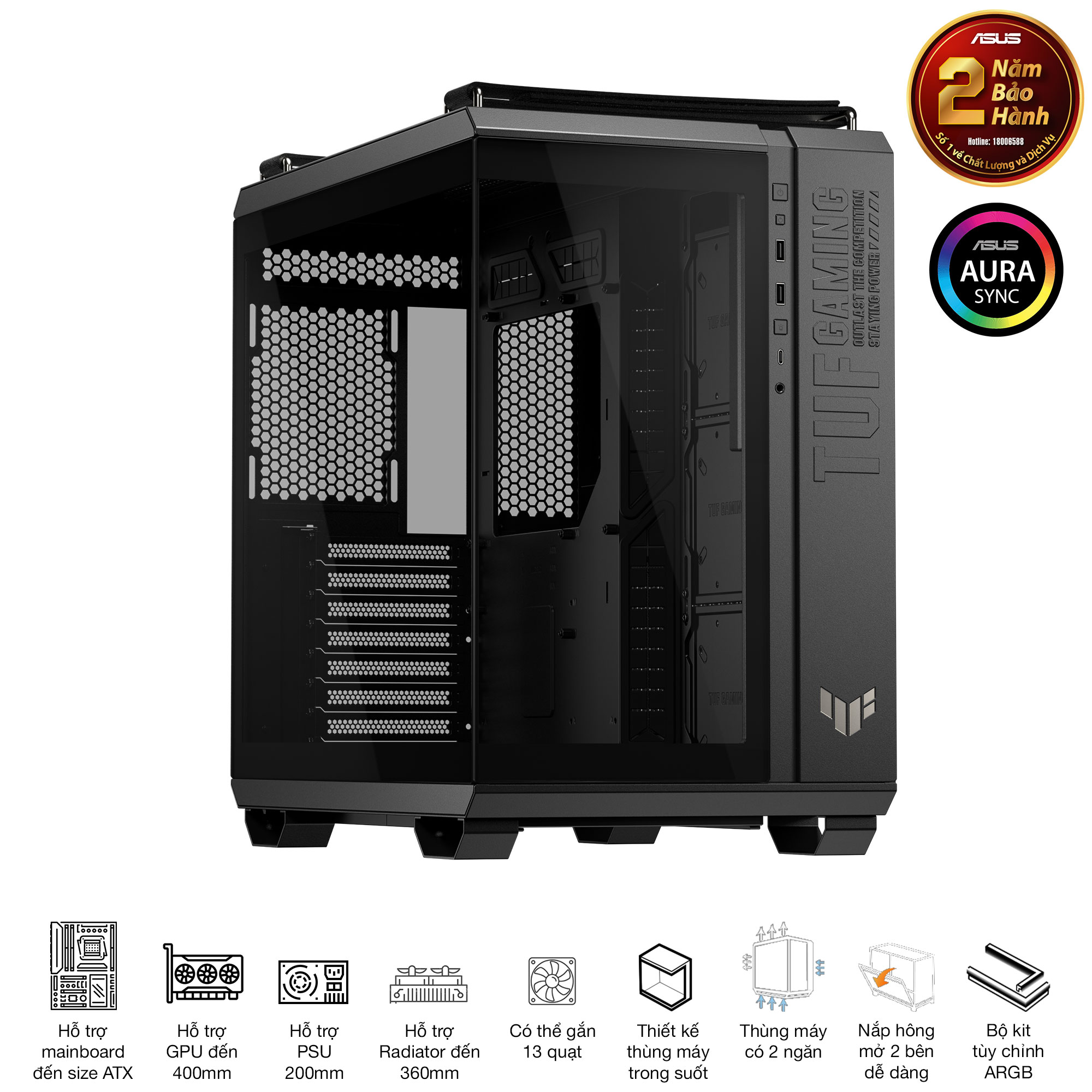Vỏ case máy tính ASUS TUF Gaming GT502 Horizon màu đen (ATX, hỗ trợ VGA đến 400mm và tản nhiệt 360mm)